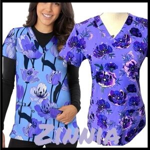 Zinnia Purple Floral V-Neck Front Pockets Medical Scrubs Top (XS)